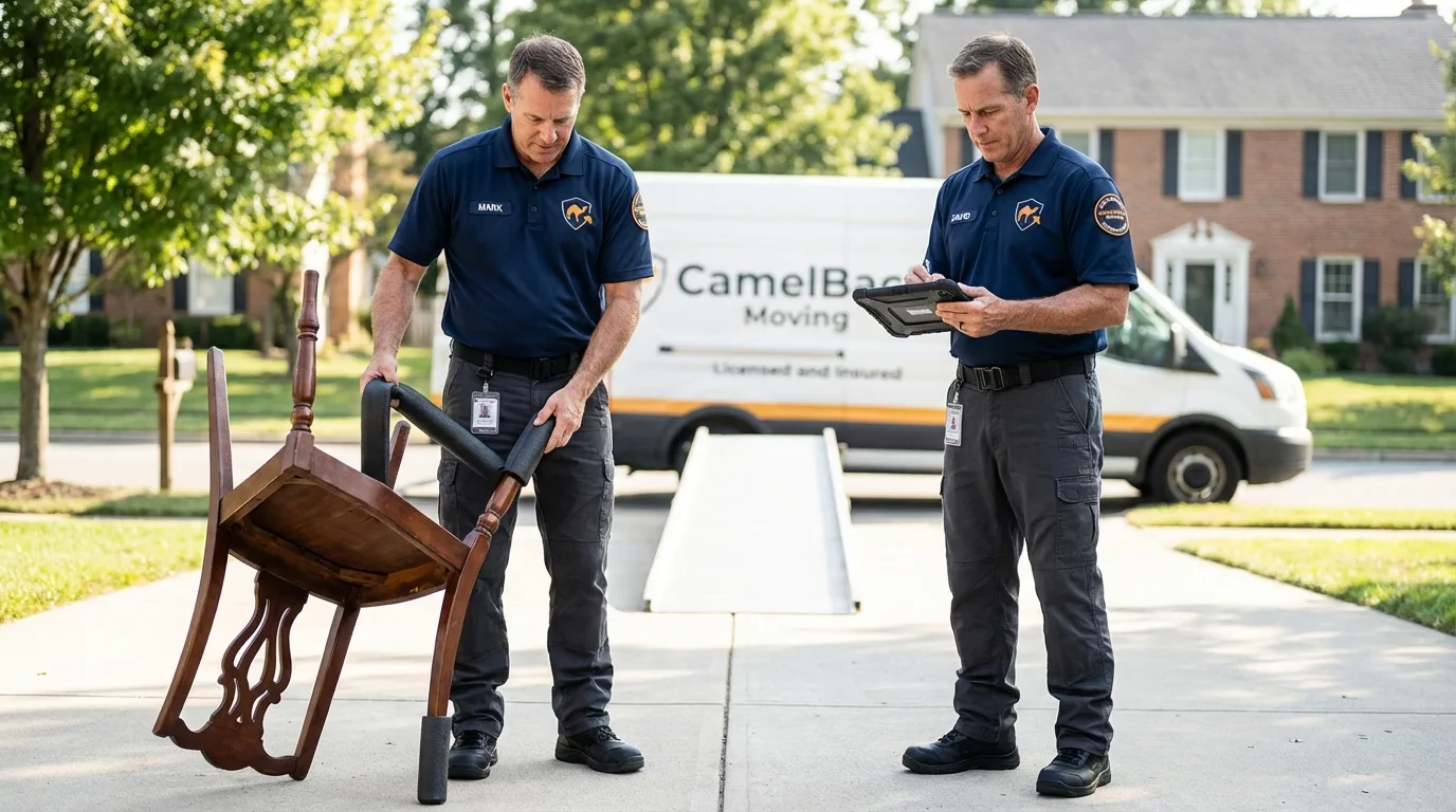 Movers inspecting furniture for damage prevention before loading in Carson City, NV